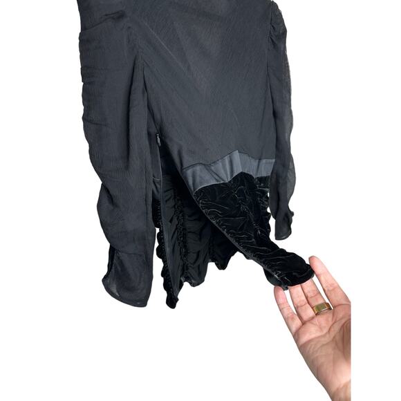 Catherine Malandrino Black Deep-V Gauze Satin Velvet Ruched 3/4 Sleeve Blouse S - Picture 7 of 12